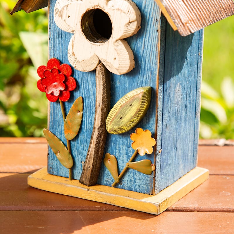 Glitzhome 10"H Multicolor Cute Distressed Solid Wood Birdhouse with 3D Flowers