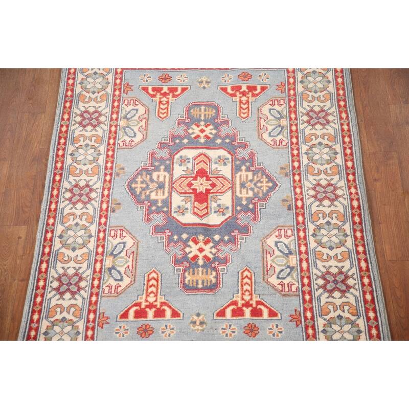 Light Blue Geometric Kazak Oriental Rug Handmade Wool Carpet - 3'2"x 4'8"