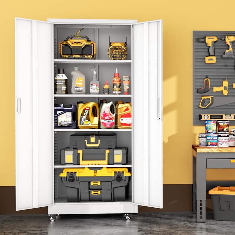 73" Rolling Garage Storage Cabinet with Locking Doors and Adjustable Shelves for Garage, Home Office, School - White