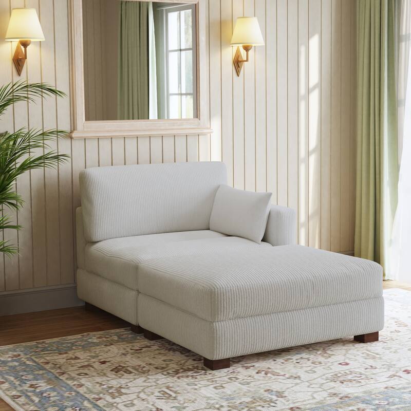 Modern Corduroy Upholstered Sectional Chaise Lounge with Ottoman - SEA SALT GREY-Right Facing - Right Facing