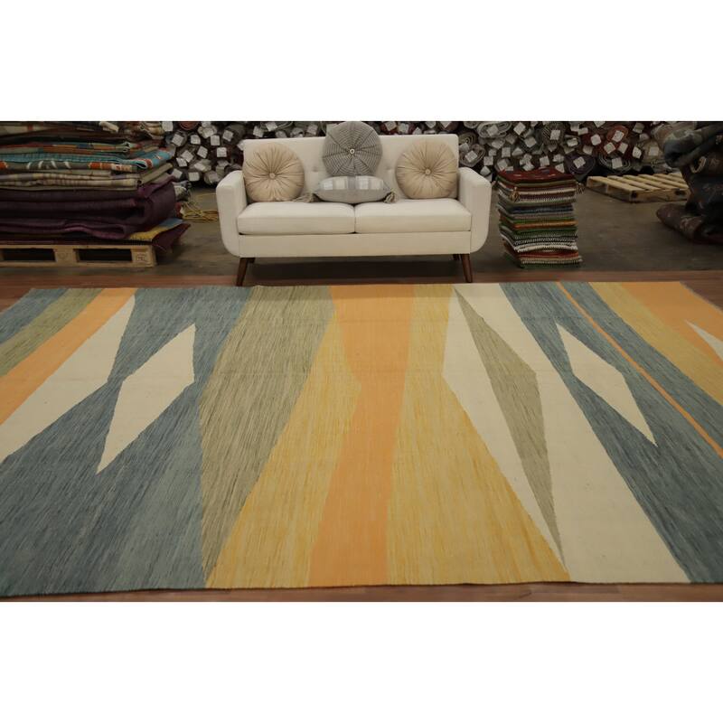 Hand Woven Oriental 100% Wool Carpet Southwestern Modern Oranges & Rust Kilim Area Rug - 12' 9'' X 9' 9''