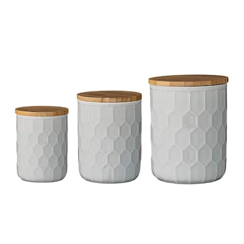 Set of 3 White Stoneware Canisters with Bamboo Lids