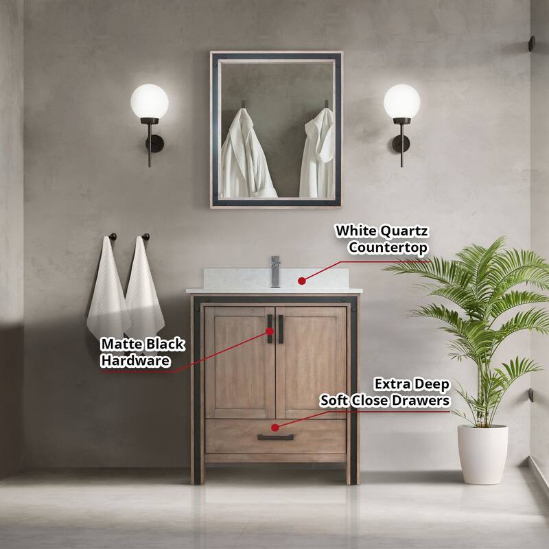 Ziva 30 in W x 22 in D White Bath Vanity, White Quartz Top, Faucet Set and 28 in Mirror