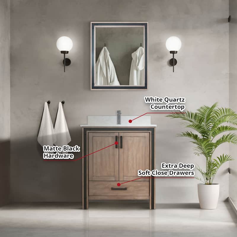 Ziva Bath Vanity, White Quartz Top and Mirrors