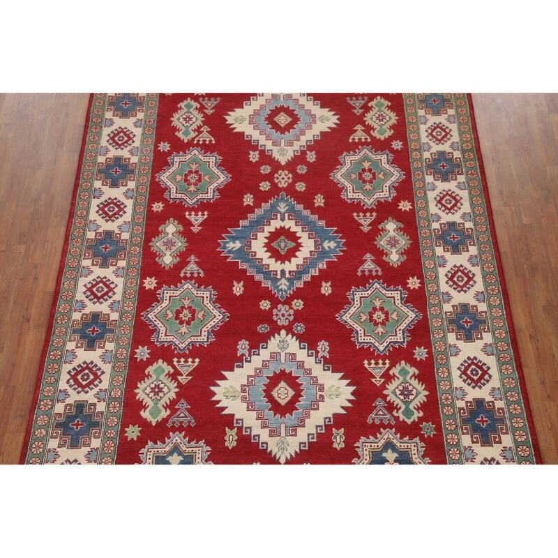 Hand Knotted Oriental 100% Wool Carpet Traditional Geometric Red Kazak Area Rug - 9' 10'' X 6' 8''