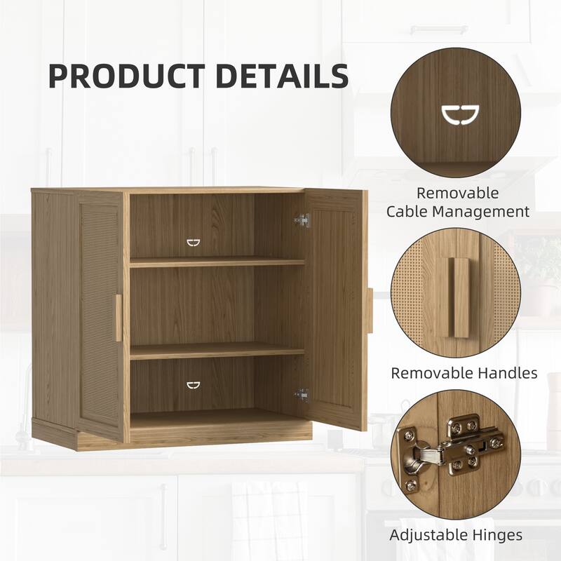 62"LX31"H Solid Wood Kitchen Pantry Sideboard Buffet Cabinet Storage with Rattan Doors