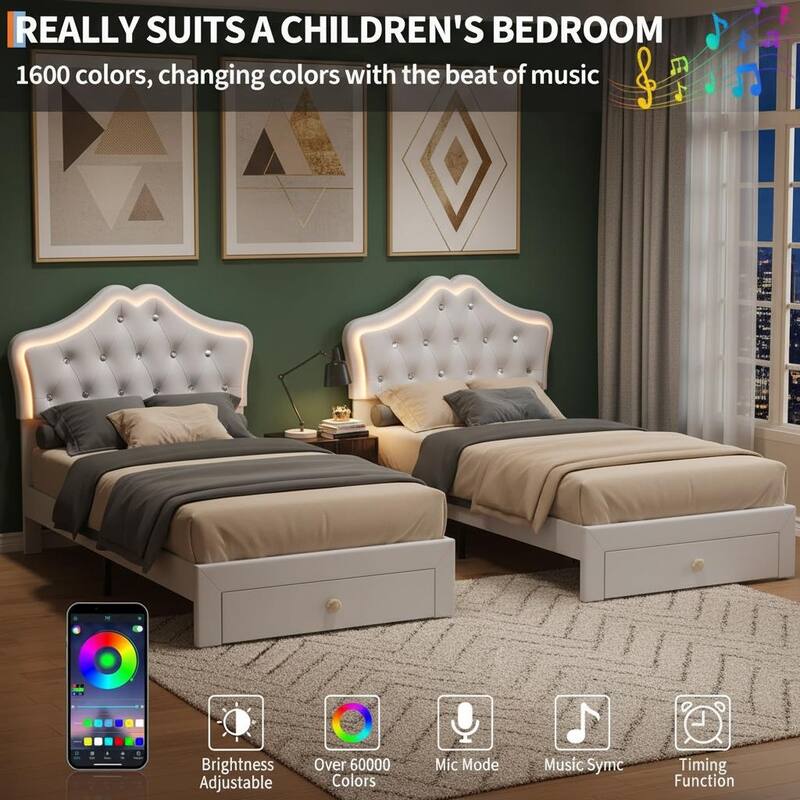 Bed Frame, with LED Lights and Storage Drawer