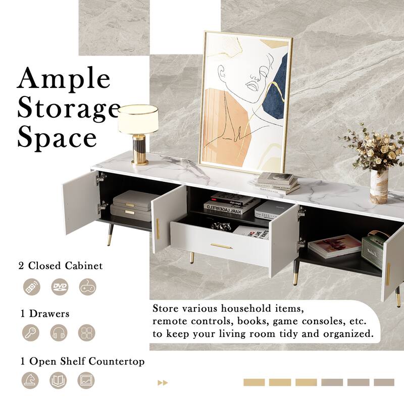 Stylish 71" TV Console for TVs up to 80", Multi-Purpose Entertainment Center with 2 Cabinets & Open Storage