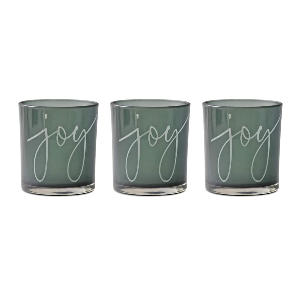 "Joy" Glass Votive Christmas Candle Holders - 3" - Set of 3
