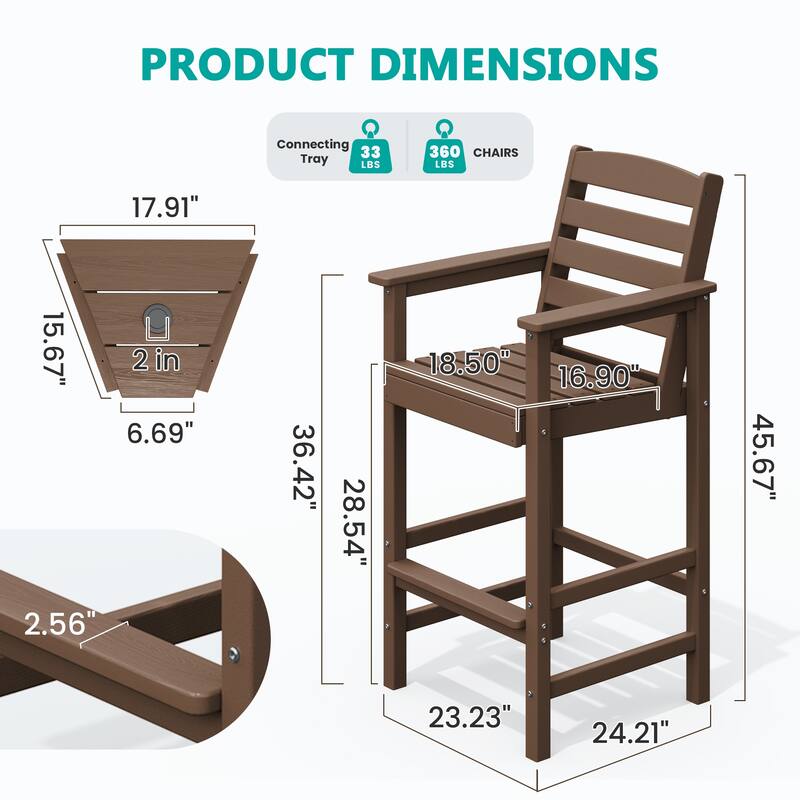 HDPE 2-Piece High Bar Stool Set with Umbrella-Compatible Connecting Panel