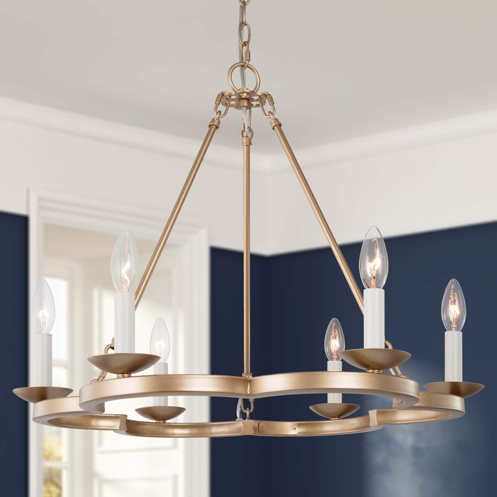 Mid Century 23 6 Inch 6 Light Gold Wagon Wheel Chandelier Candle Lighting For Dining Room Overstock 31946005