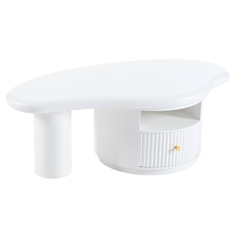 Cream Style Cloud-Shaped Coffee Table Set of 3, Irregular Design Cocktail End Table with Storage Drawer & 2 Small Stools