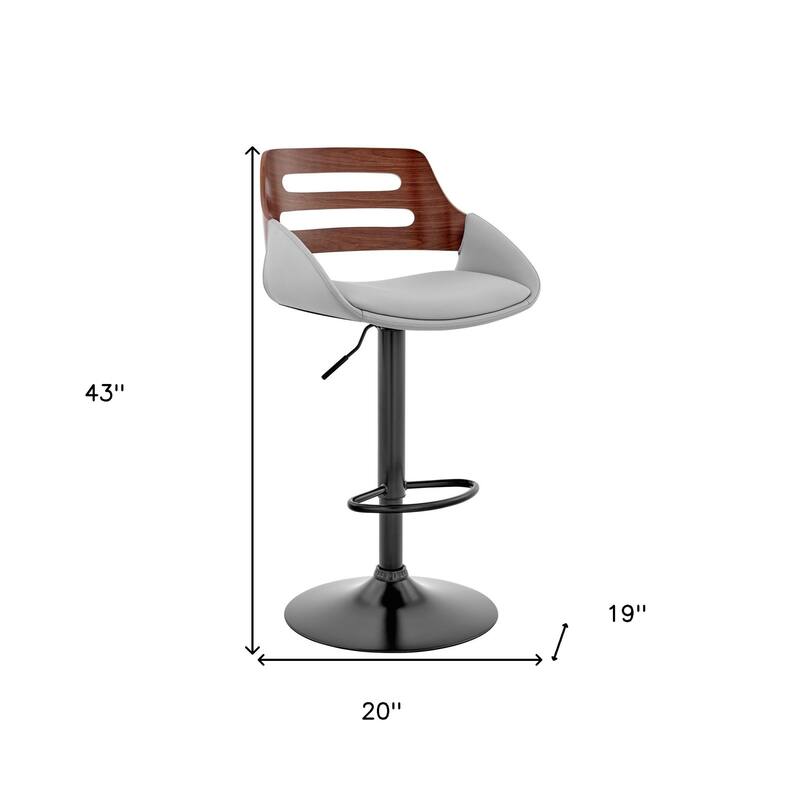 43" Tall Swivel Bar Stool in Grey with Adjustable Height and Faux Leather Seat and Armrest Support - 43"H x 20"W x 19"D