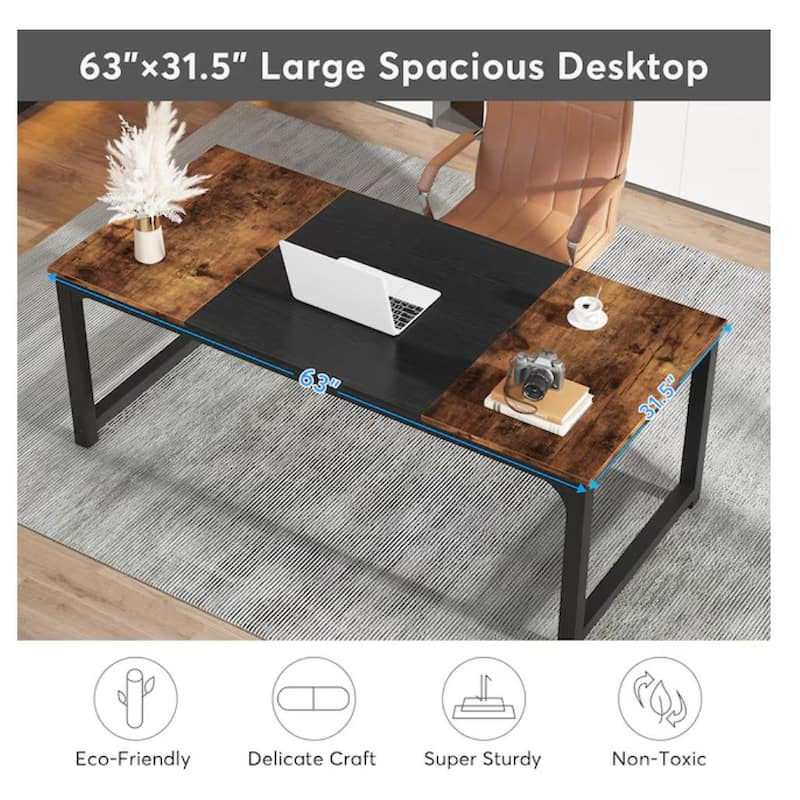 63" Executive Desk, Large Modern Office with Thick Metal Frame, Rustic Brown & Black
