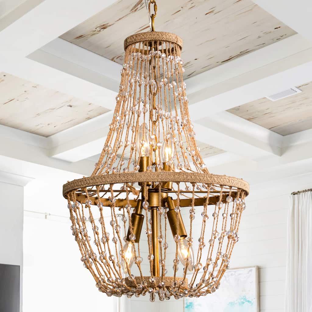 Coastal Natural Brown Hemp Rope 4-Light Basket Chandelier - 16.54" fixture width x 25.2" fixture height