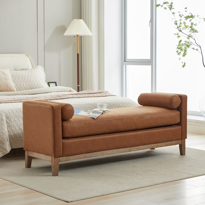 Bedroom Bench with Pillows and Solid Wood Legs for Living Rooms and Entryway - Brown/PU