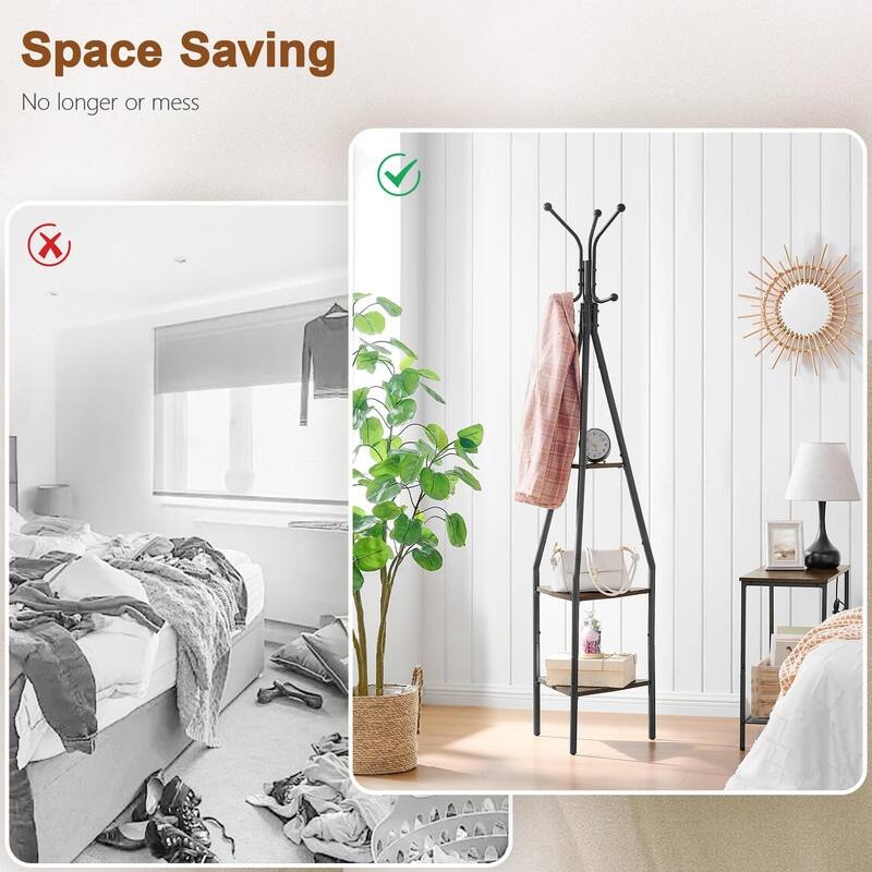 3-Tier Coat Rack Freestanding with Hooks - 8.47"D x 16.93"W x 73.62"H