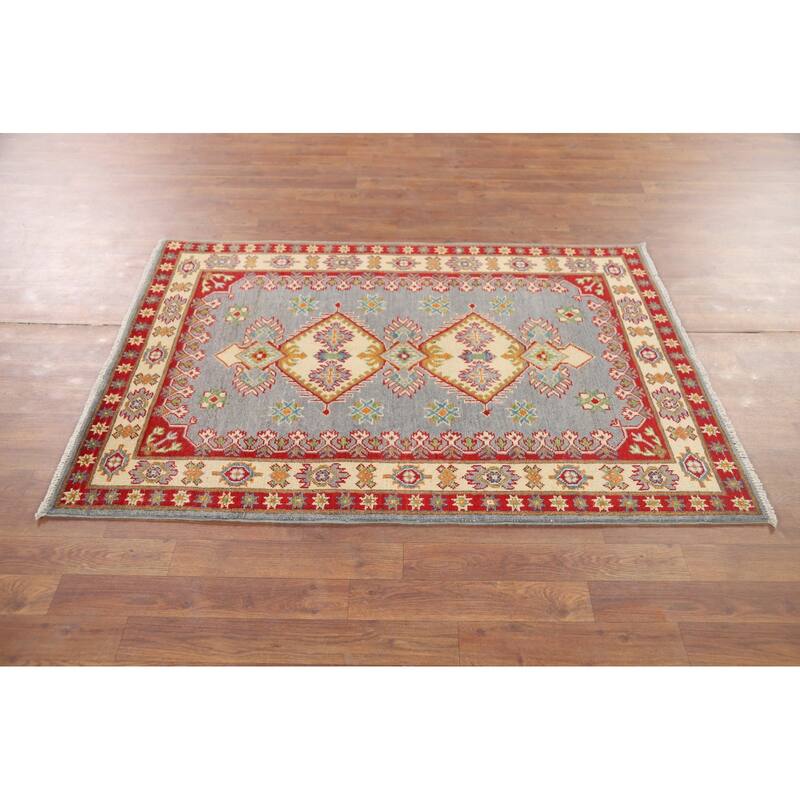 Gray Geometric Kazak Oriental Accent Rug Hand-Knotted Wool Carpet - 3'5" x 4'10"