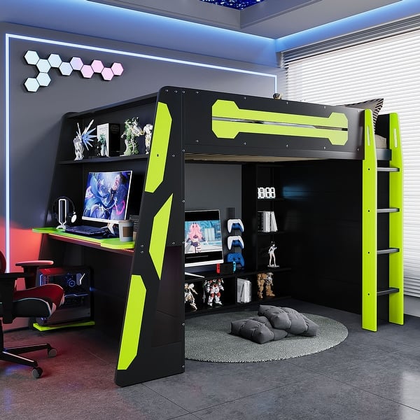 slide 2 of 47, Full Size Wood Loft Bed with Built-in Gaming Desk, Multi-Tier Storage Shelves, and RGB Lighting Strip Green
