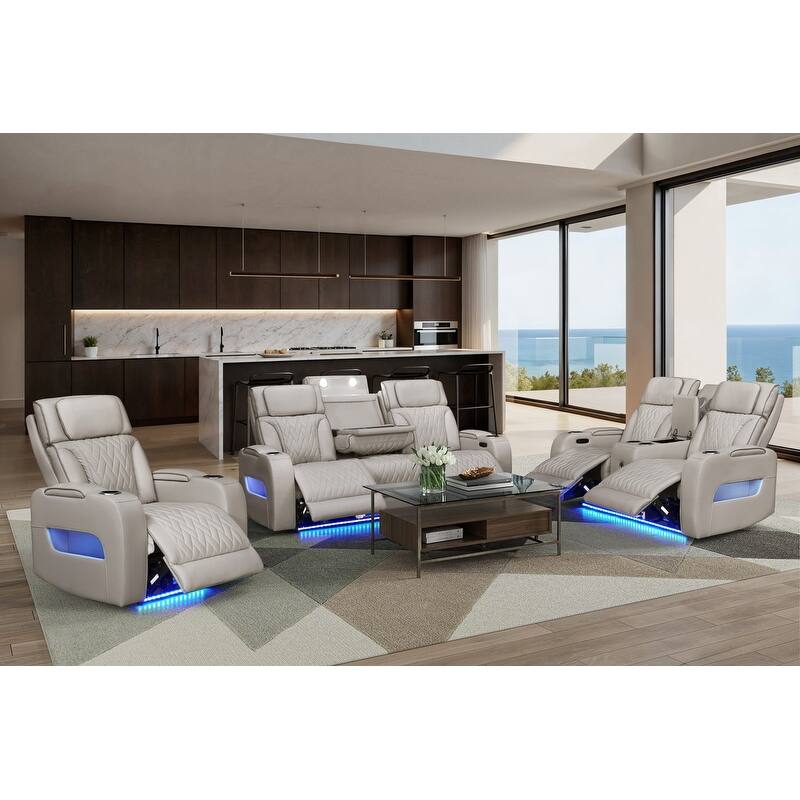 Jazz Leather Aire Power Reclining Living Room Set w/Pwr Headrest, BT Speakers, LED, Wireless Chrg Drop Tbl, USB, Strg & Cuphldrs - Ice