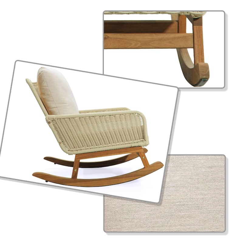 Classic Stylish PE Rattan Wicker Rocking Chair with Cushions and Solid Wood Legs, For Indoor and Outdoor Use