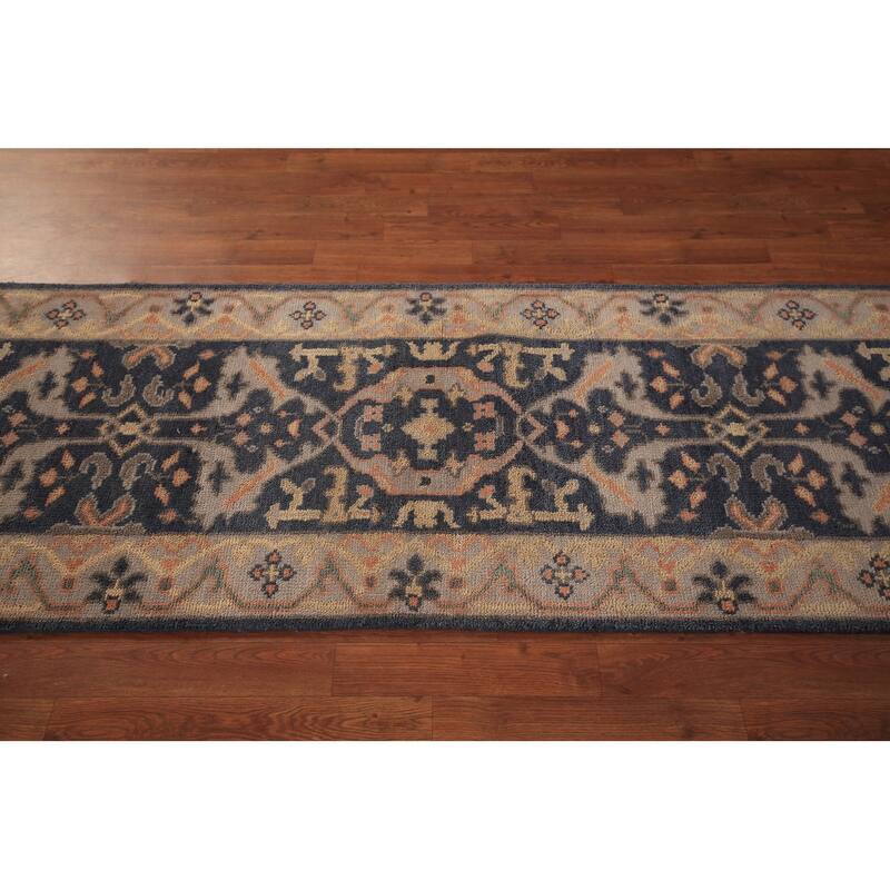 Blue Oushak Vegetable Dye Runner Rug Hand-Knotted Wool Carpet - 2'7" x 7'10"