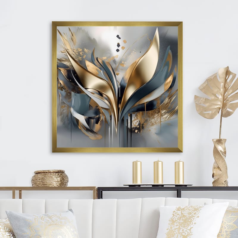 Designart "Abstract Shapes And Lines Iv" Abstract Marble Framed Wall Art For Living Room - 36 in. wide x 36 in. high - Gold