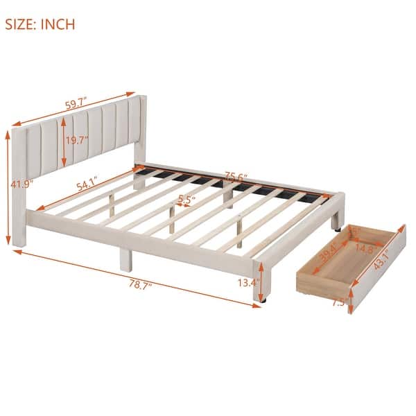 dimension image slide 2 of 3, Gray Full Velvet Upholstered Bed with Large Storage Drawer - Luxurious Design