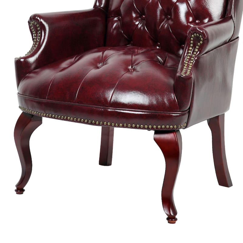 Saily Guest Armchair, Traditional Wingback, Mahogany, Burgundy Vinyl