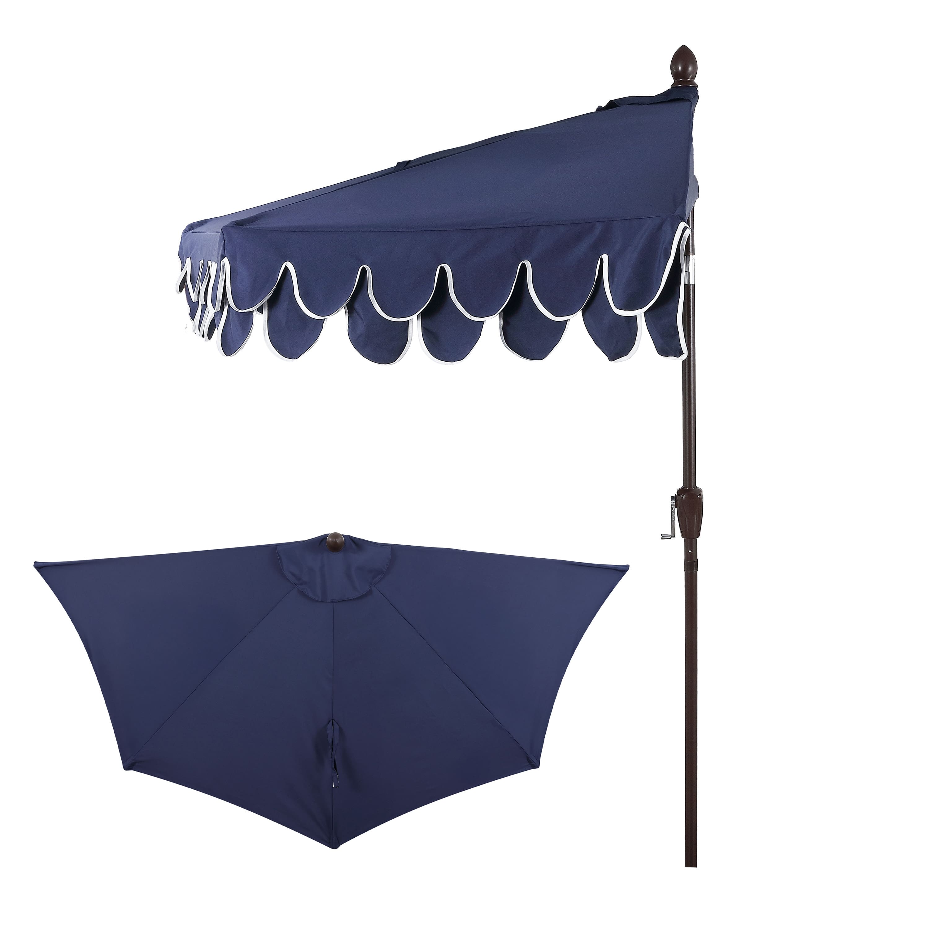 half round patio umbrella with tilt-and-crank Easton 9 ft. Aluminum Market Crank Lift Base this patio umbrella has the structure for superior to endure heat Terrace Coastal Scalloped Half Round