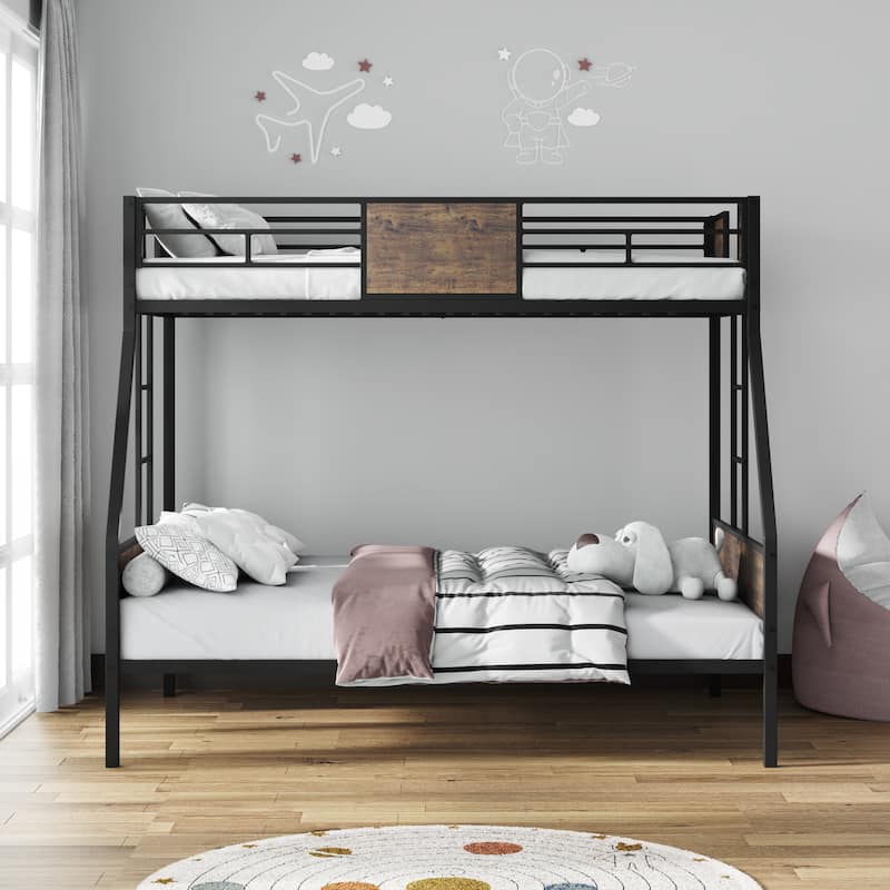 Twin Over Full Bunk Beds,Metal Bunk Bed Frame with Safety Guardrail and 2 Ladder,Sturdy Metal Frame