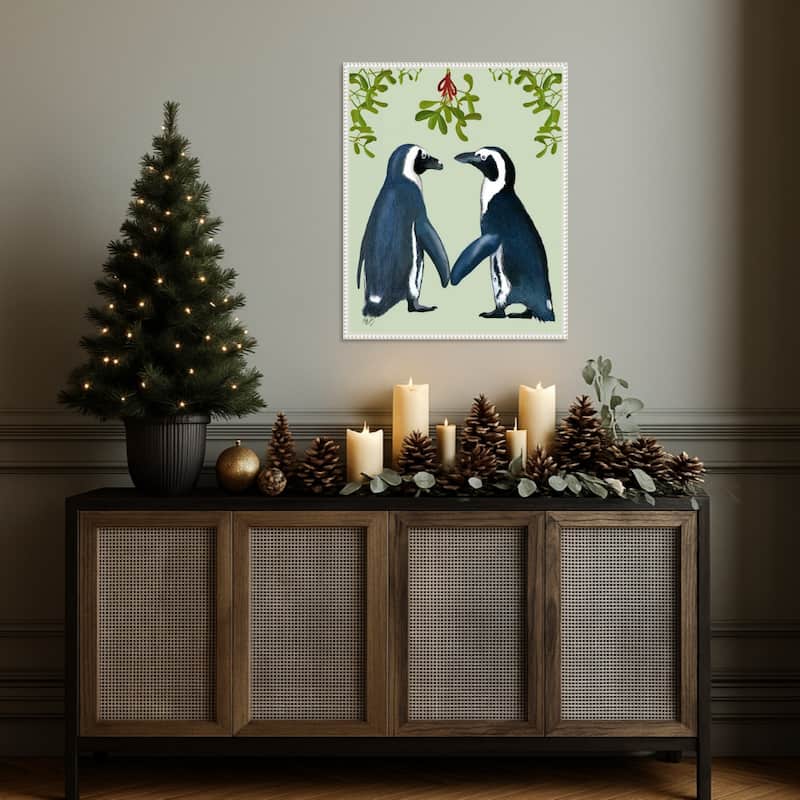 Penguins And Mistletoe by Fab Funky (23 x 28 in.), Framed Canvas Wall Art Print - Sylvie Beaded White