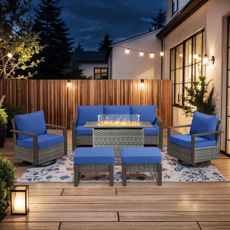 Pocassy Outdoor Wicker Sofa Swivel Chair with Fire Table Set - Grey Wicker Blue Cushion - 6-Piece Sofa Swivel Chair Ottoman with Fire Table