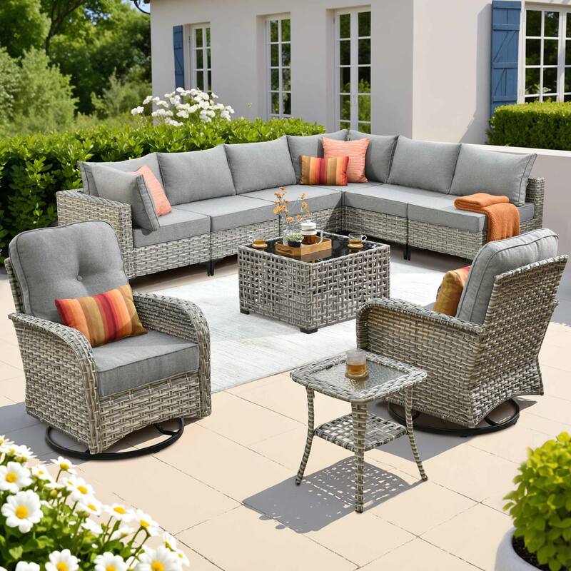 OVIOS 10 Pieces Outdoor Wicker Swivel Chair Set With Solar-Powered Coffee Table