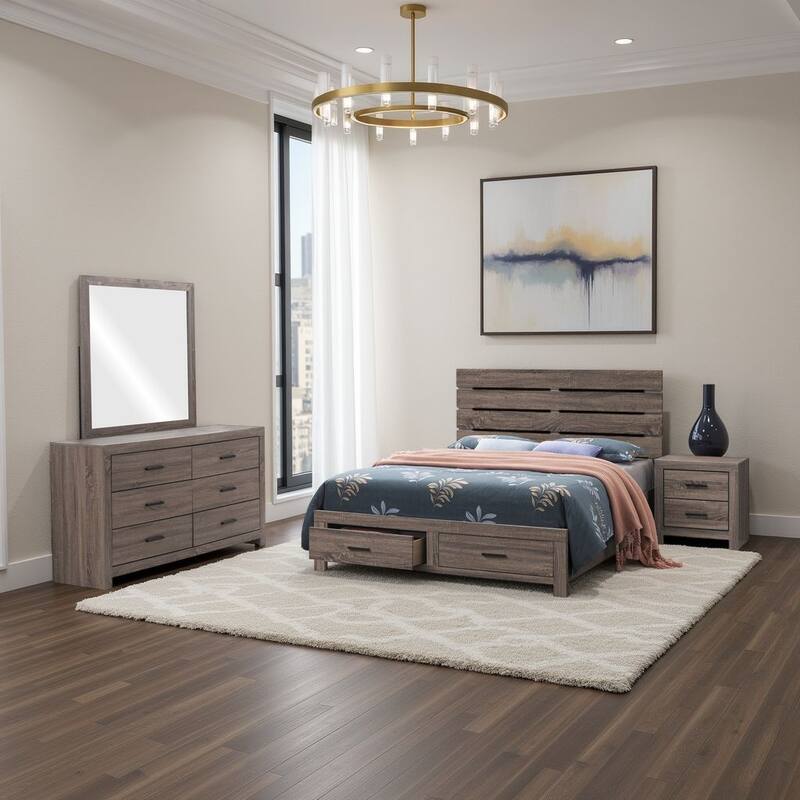 Sili 4pc Queen Storage Bedroom Set, Oak Brown and Dark Bronze