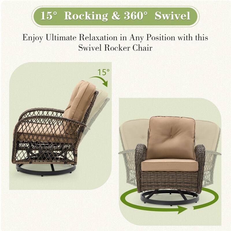 360° Swivel Rocking Patio Chairs Set with Thick Cushions & Tempered Glass Table | Indoor Living Room / Balcony| 3/5-Piece