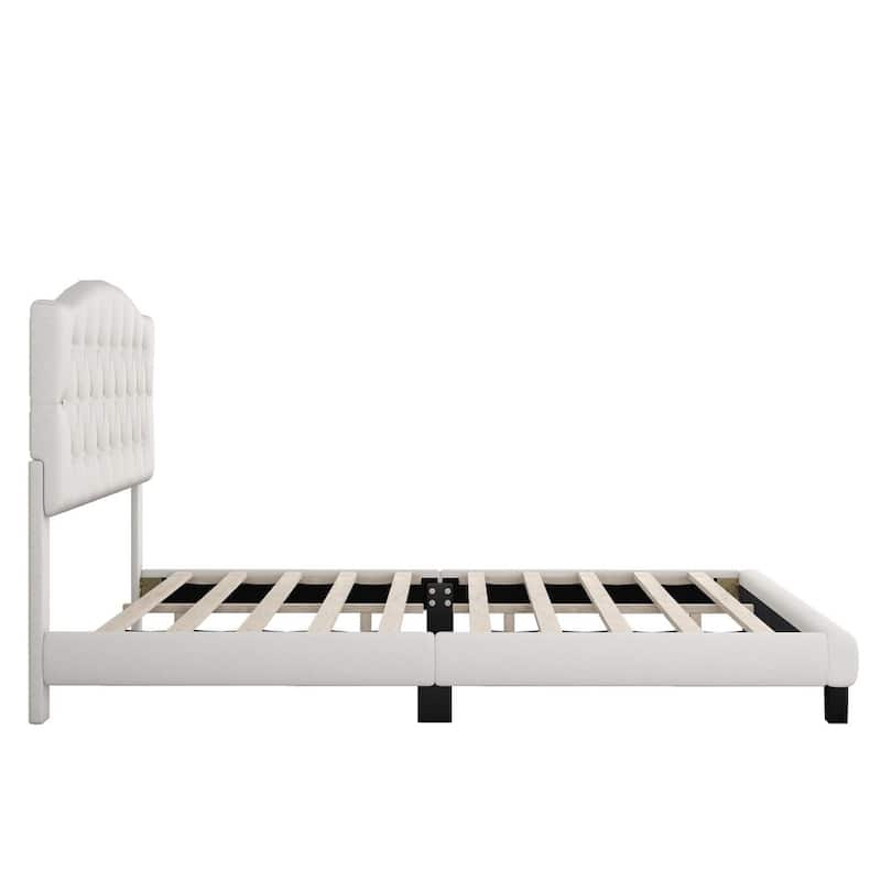 Upholstered Platform Bed with Saddle Curved Headboard and Diamond Tufted Details, Beige