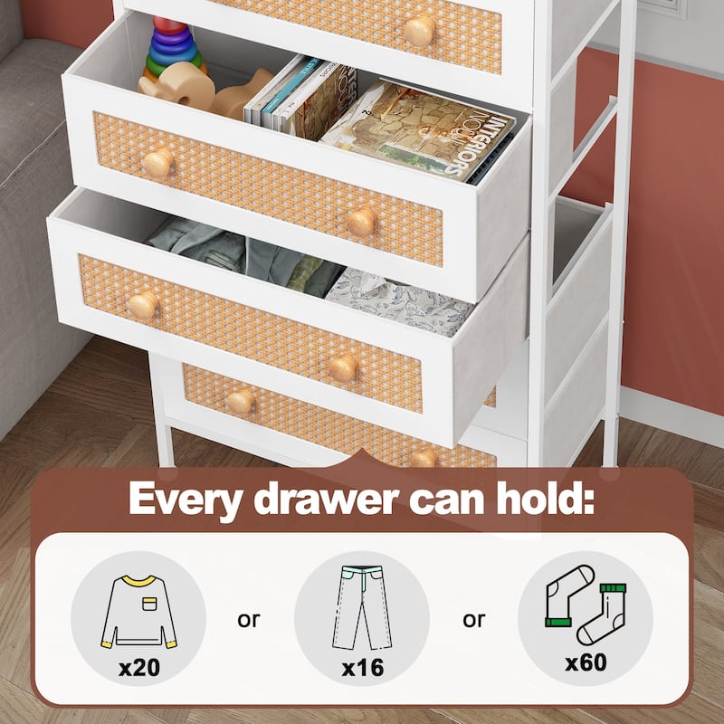6-Drawer Chest Faux Rattan Fabric Drawers Dresser Storage Cabinet Bedroom Organizer