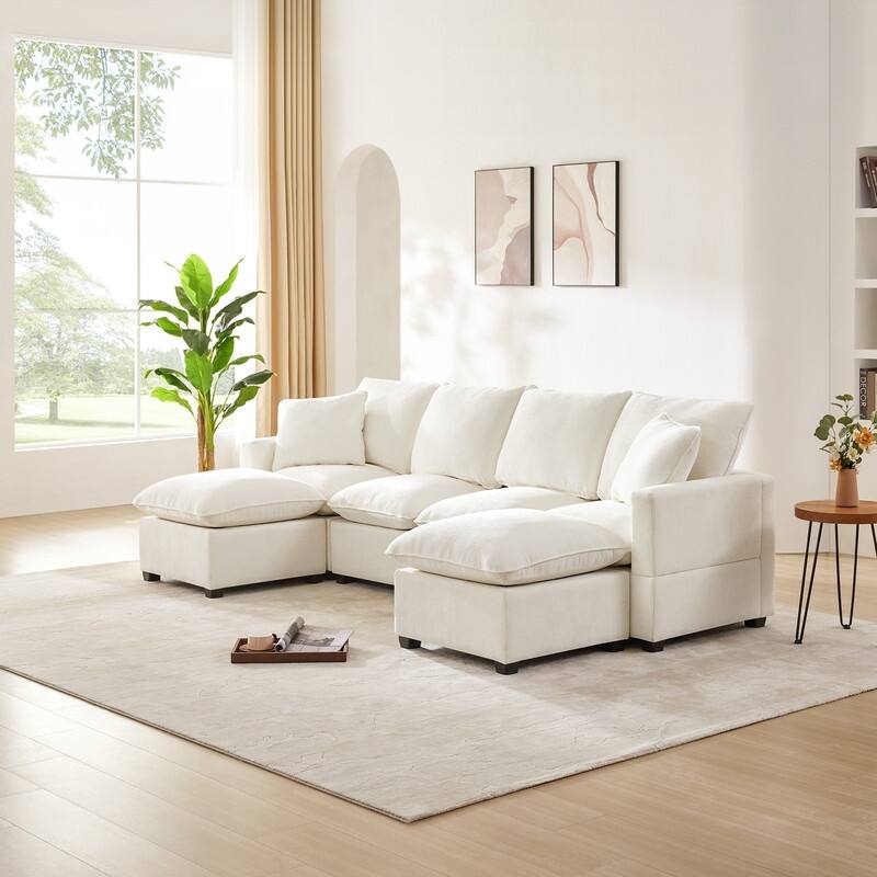Modern Chenille Multi-Seat Sectional Sofa - 6 Seat - White