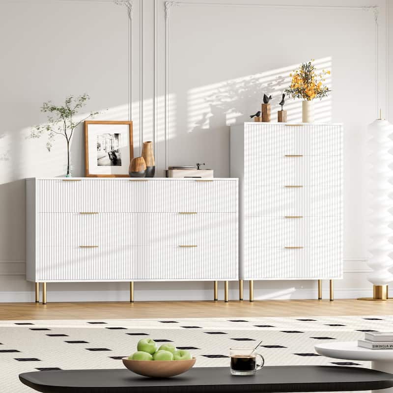 6 Drawers Dresser for Bedroom, Fluted Dresser Chest of Drawers with Handle, Wood Modern Dressers for Closet