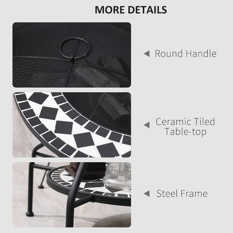 Outsunny 30 Inch Outdoor Fire Pit, 3-in-1 Outdoor Dining Table Round Wood Burning Firepit, Mosaic Tile Garden Table