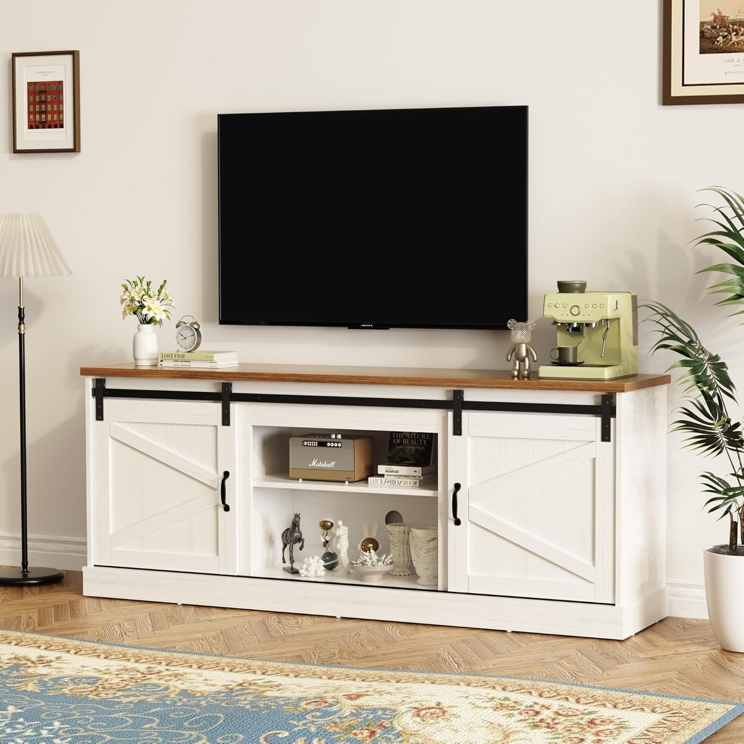 TV Stand for up to 75" with Storage, Sliding Doors & Open Shelves, Modern Media Console for Living Room, Bright White