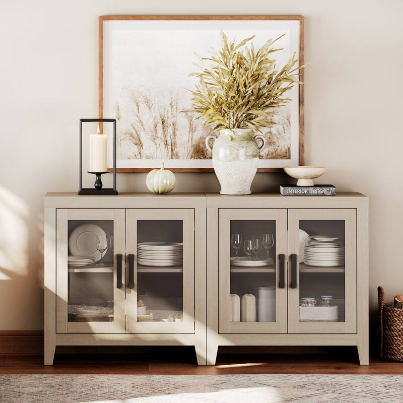 WAMPAT Modern Farmhouse TV Stand, Entertainment Center with Tempered Glass Doors & Adjustable Shelves