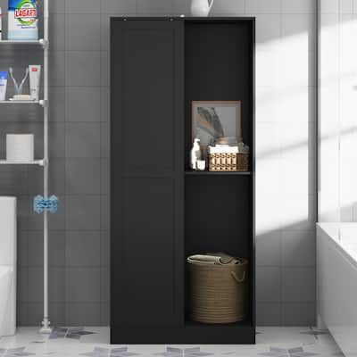 Black Tall Storage Cabinet with Sliding Doors, Shelves, and Drawers