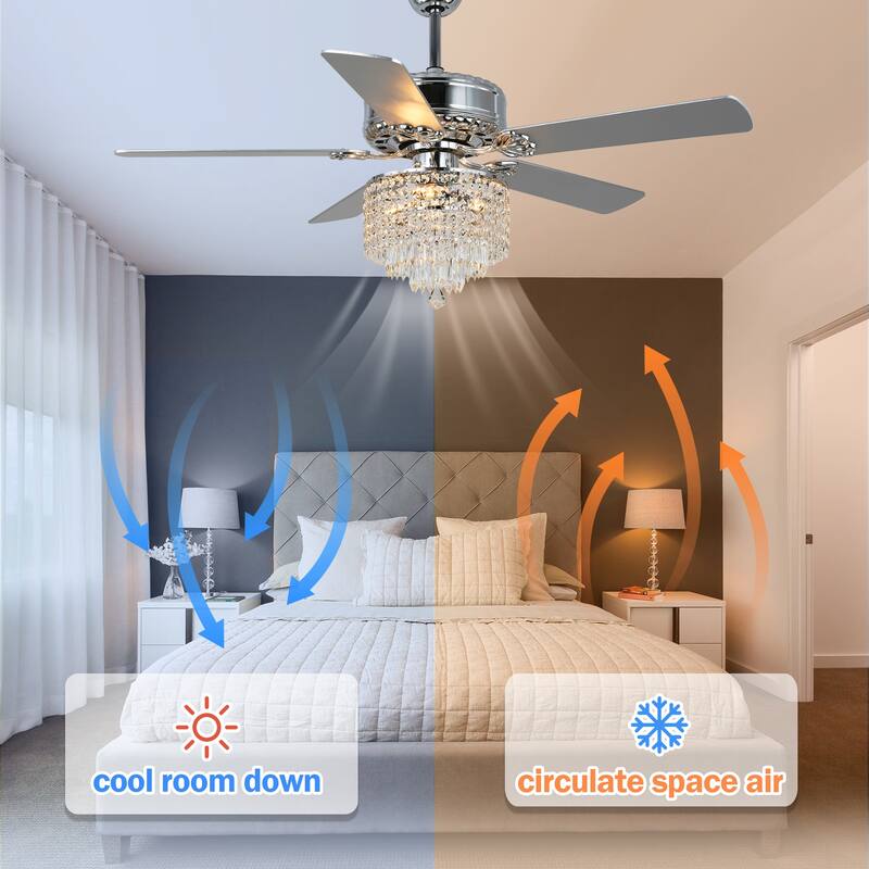 Oaks Aura 52in. Modern Glam Chrome Crystal 5 Reversible Blades Ceiling Fan Remote Control Included
