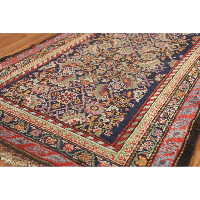Hand Knotted Oriental 100% Wool Carpet Traditional Floral Navy Blue & Blues Malayer Runner Rug - 12' 8'' X 3' 3''