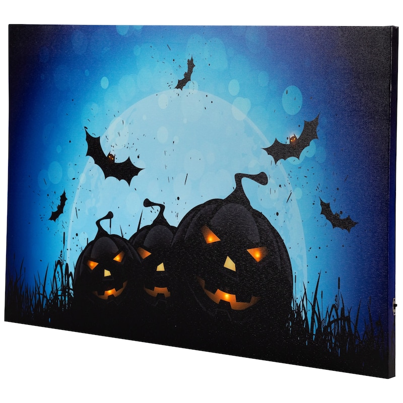 LED Lighted Jack-O-Lanterns Bats Halloween Canvas Wall Art 23.5 x 15.5