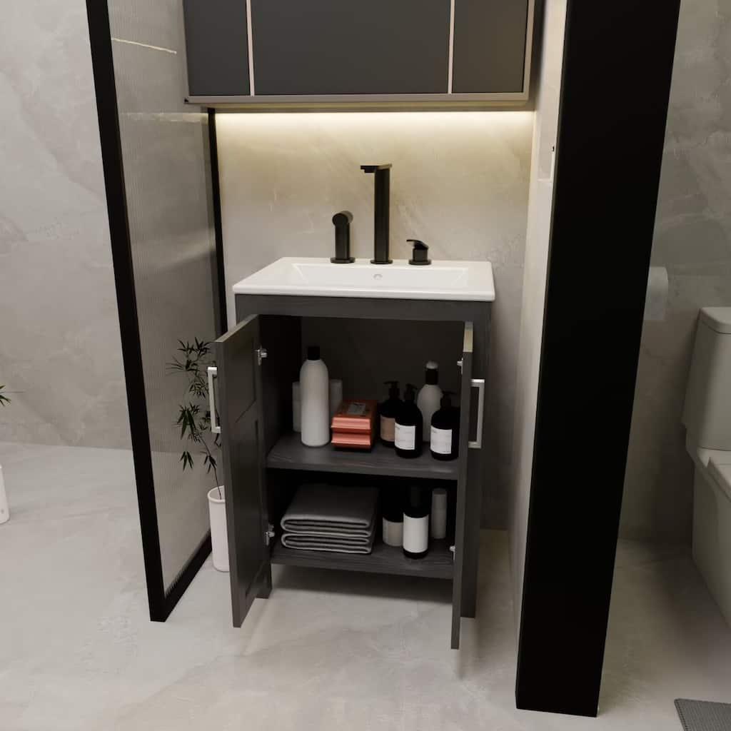 24" Bathroom Vanity with Sink and White Ceramic Sink Faucet & Pop Up Drain Set