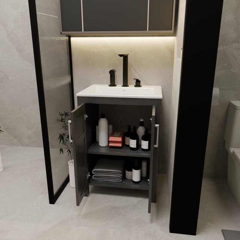 24" Bathroom Vanity with Sink and White Ceramic Sink Faucet & Pop Up Drain Set