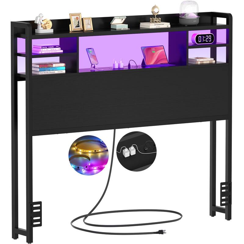 Storage Headboard with USB Port and Power Outlet, Head Board with LED Light for Bed Frame
